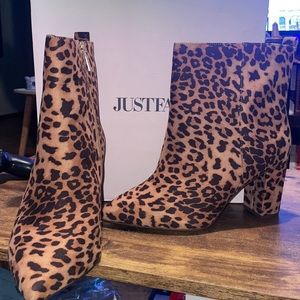 JustFab Leopard Print Heeled Booties (Wide Width/Wide Calf)